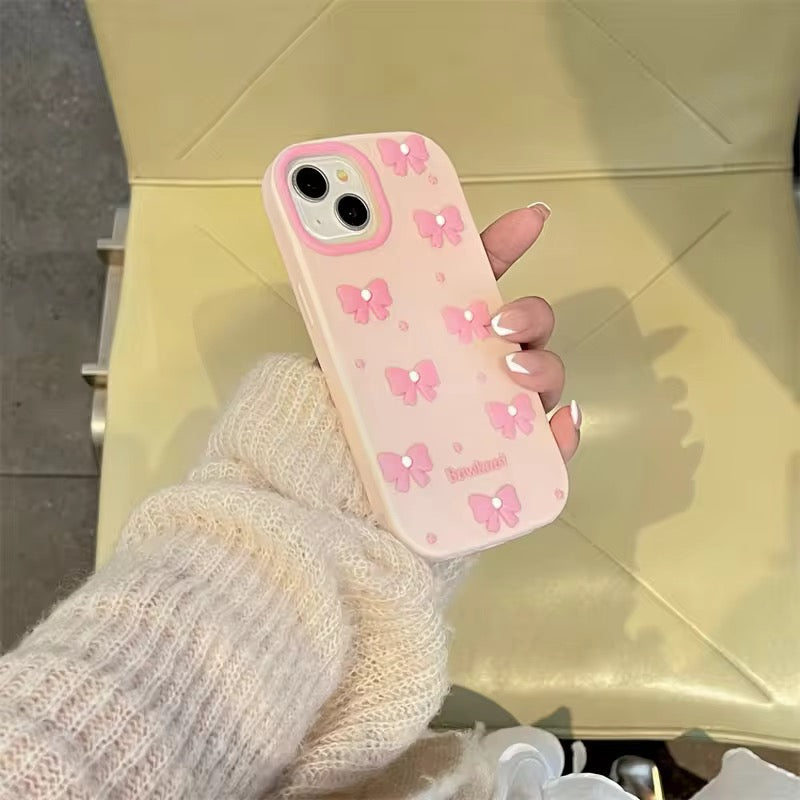 Protective Apple iPhone Back Cover - 3D iPhone Samsung Redmi Pink Kawaii Pearl Bow Pre-Order Phone Holder Stand Rubber Silicone Case - Style 7