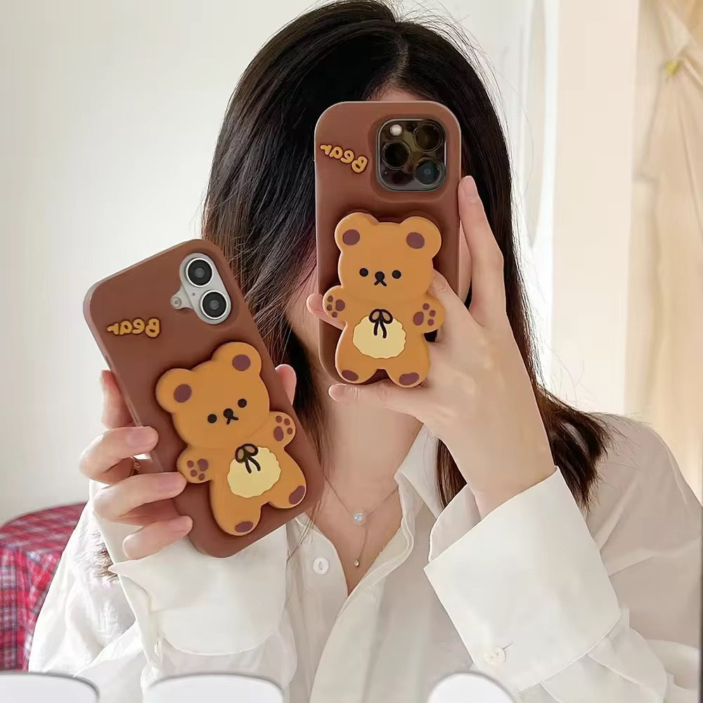 Protective Apple iPhone Back Cover - 3D iPhone Samsung Redmi Brown Big Teddy Bear Pre-Order Phone Holder Stand Rubber Silicone Case