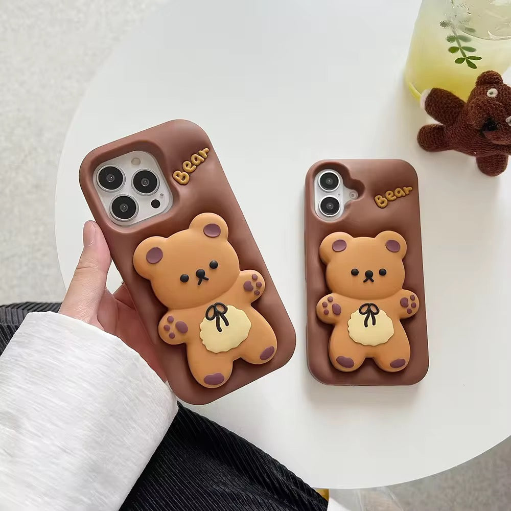 Protective Apple iPhone Back Cover - 3D iPhone Samsung Redmi Brown Big Teddy Bear Pre-Order Phone Holder Stand Rubber Silicone Case - Style 4