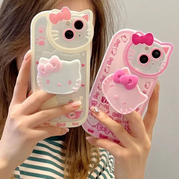 Protective Apple iPhone Back Cover - Hello Kitty 3D Phone Holder White Pink iPhone Soft Case