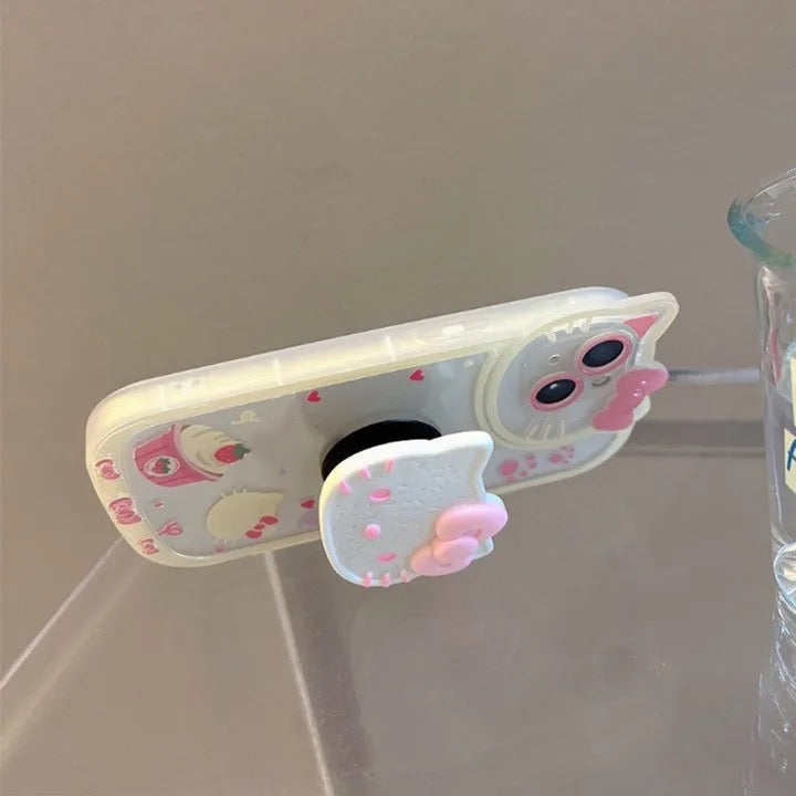 Protective Apple iPhone Back Cover - Hello Kitty 3D Phone Holder White Pink iPhone Soft Case - Style 2