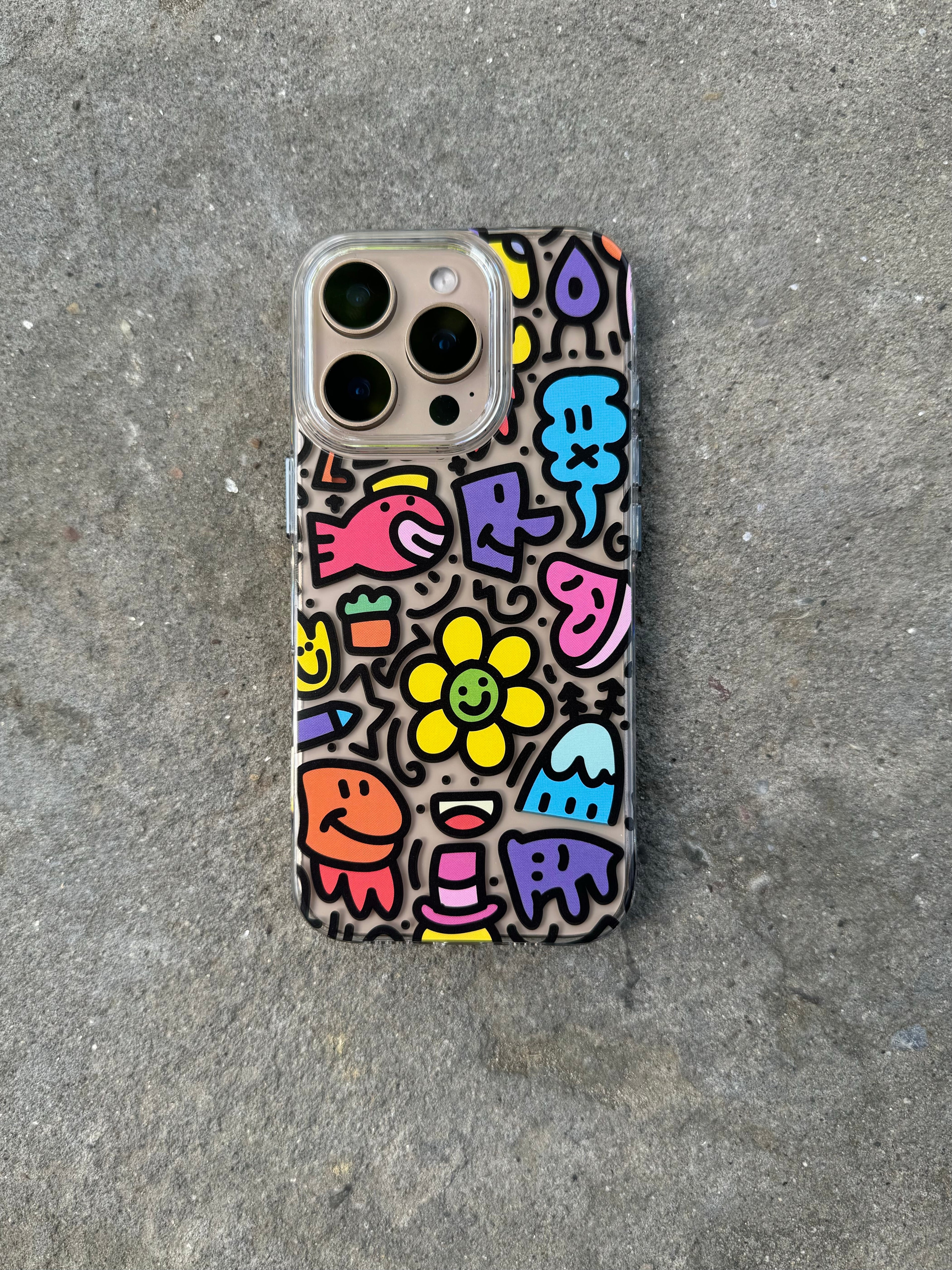 Protective Apple iPhone Back Cover - Doodles Colourful Design Transparent Designer Hard PC Anti Yellow Case for iPhone 16 Pro