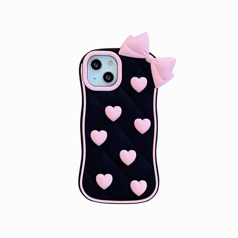 Protective Apple iPhone Back Cover - 3D iPhone Samsung Vivo Pre-Order Black Pink Heart Bow Rubber Silicone Case - Style 2