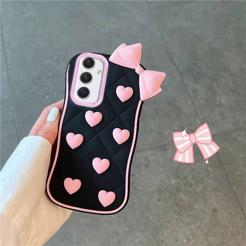 Protective Apple iPhone Back Cover - 3D iPhone Samsung Vivo Pre-Order Black Pink Heart Bow Rubber Silicone Case - Style 3