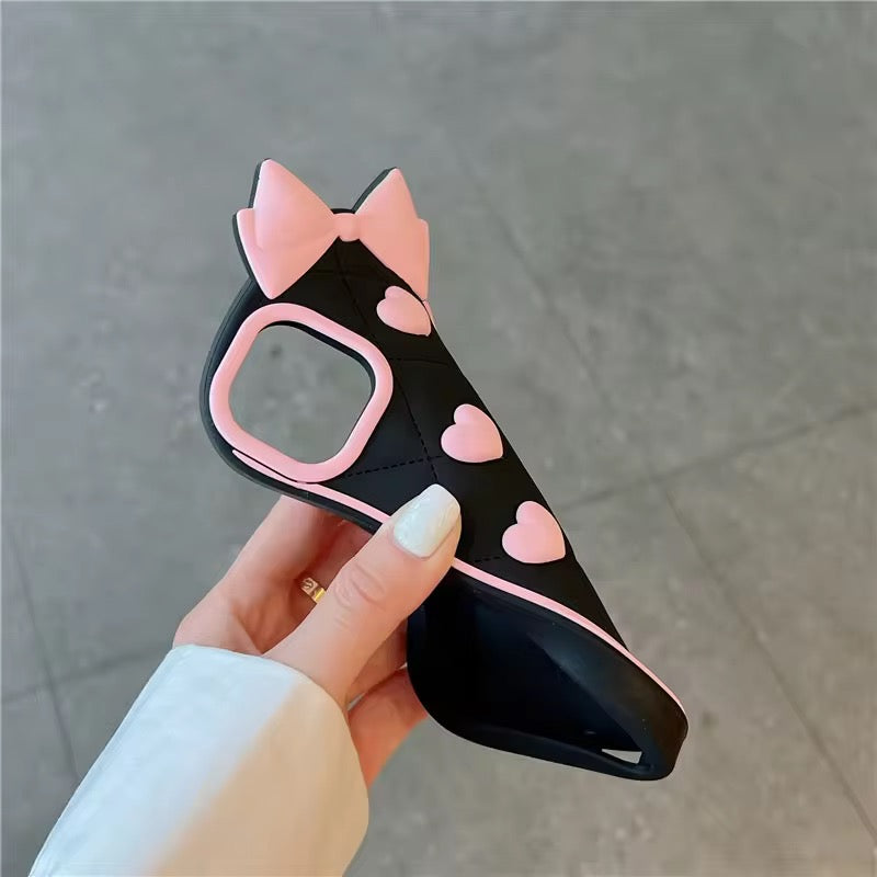 Protective Apple iPhone Back Cover - 3D iPhone Samsung Vivo Pre-Order Black Pink Heart Bow Rubber Silicone Case - Style 4