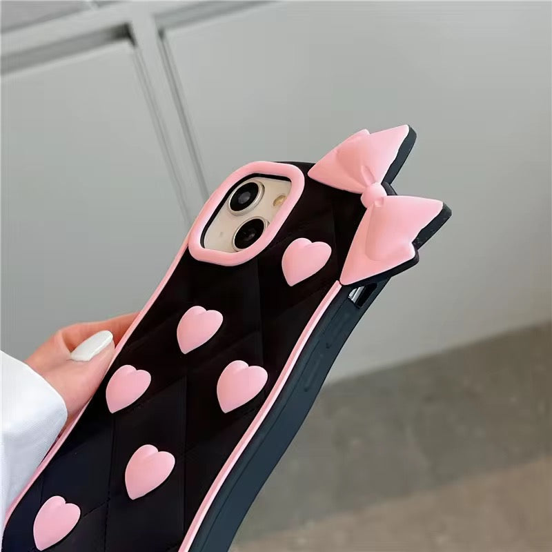 Protective Apple iPhone Back Cover - 3D iPhone Samsung Vivo Pre-Order Black Pink Heart Bow Rubber Silicone Case - Style 5