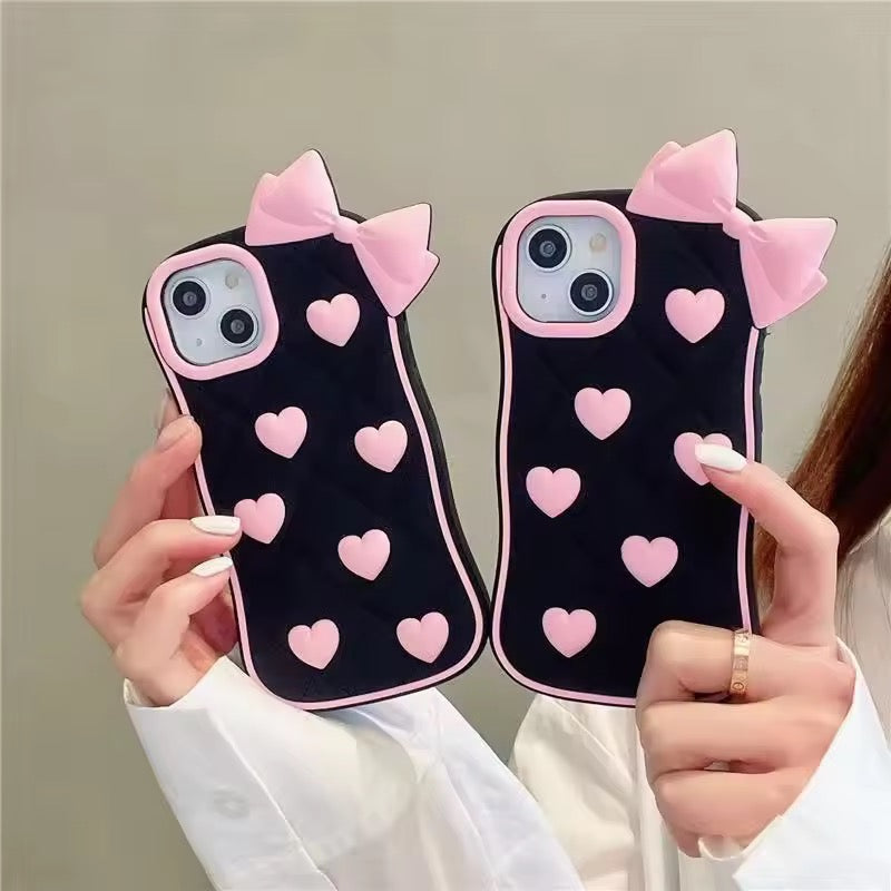 Protective Apple iPhone Back Cover - 3D iPhone Samsung Vivo Pre-Order Black Pink Heart Bow Rubber Silicone Case - Style 9