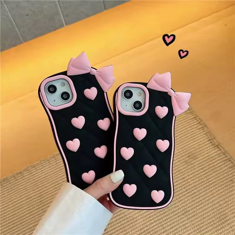 Protective Apple iPhone Back Cover - 3D iPhone Samsung Vivo Pre-Order Black Pink Heart Bow Rubber Silicone Case