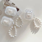 3D White Heart Transparent Airpod Case With Pearl Lanyard Mobile Case by CoverMeUp - Style 7