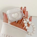 3D White Heart Transparent Airpod Case With Pearl Lanyard Mobile Case by CoverMeUp - Style 2