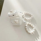 3D White Heart Transparent Airpod Case With Pearl Lanyard Mobile Case by CoverMeUp - Style 4