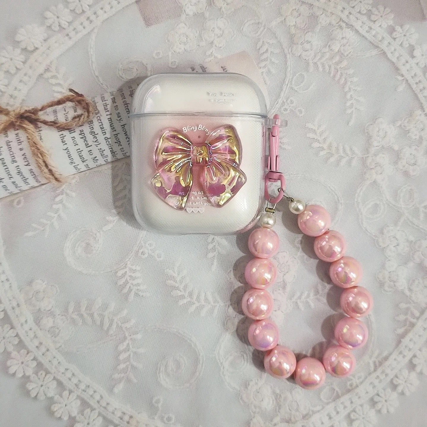 3D Pink Bow With Lanyard Transparent Airpod Case Mobile Case by CoverMeUp - Style 3