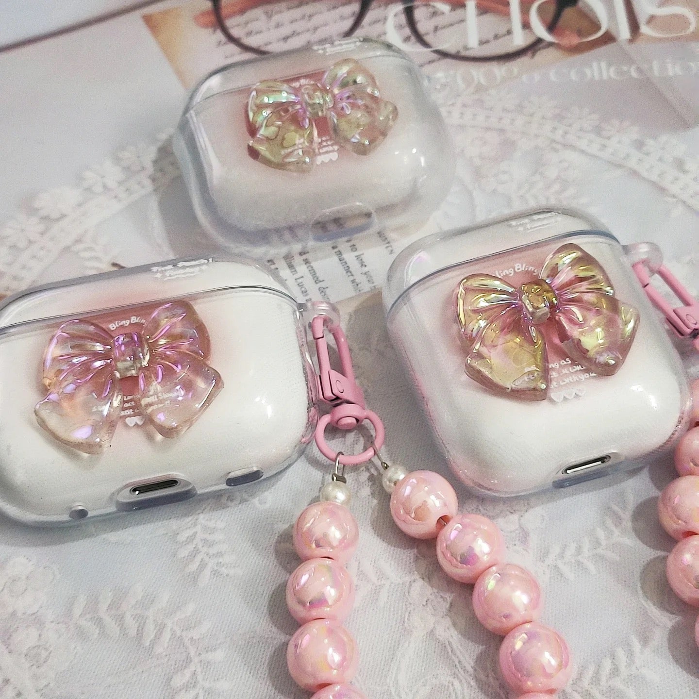 3D Pink Bow With Lanyard Transparent Airpod Case Mobile Case by CoverMeUp - Style 4