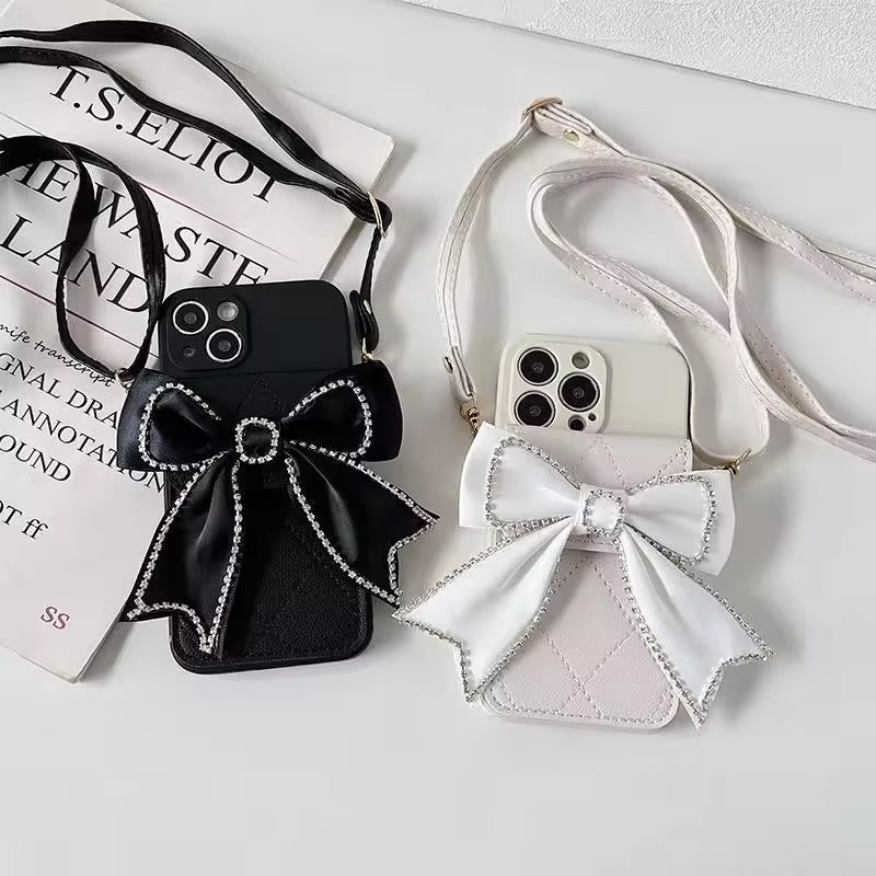 Black Wallet Crossbody Bracelet Diamond Bow Leather Case Mobile Case by CoverMeUp - Style 3