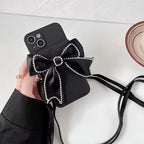 Black Wallet Crossbody Bracelet Diamond Bow Leather Case Mobile Case by CoverMeUp