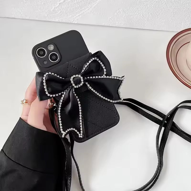 Black Wallet Crossbody Bracelet Diamond Bow Leather Case Mobile Case by CoverMeUp