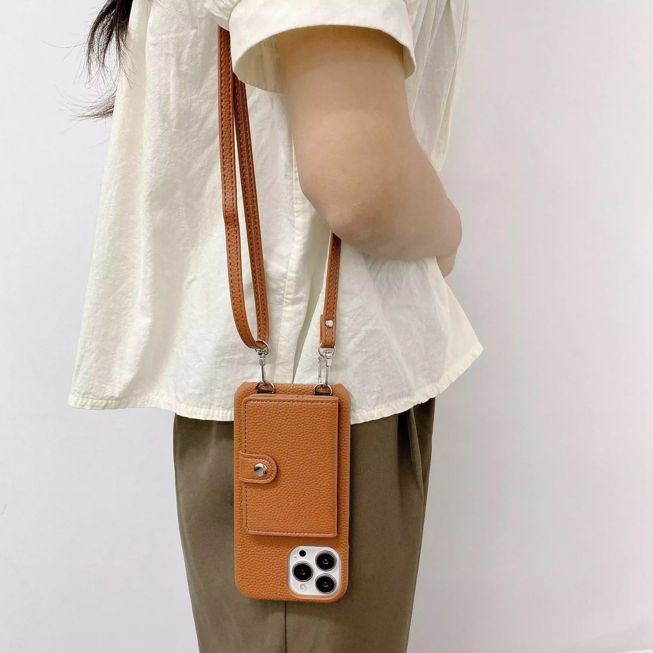 Biege Flip Wallet Crossbody Bracelet Leather Case For iPhone 15