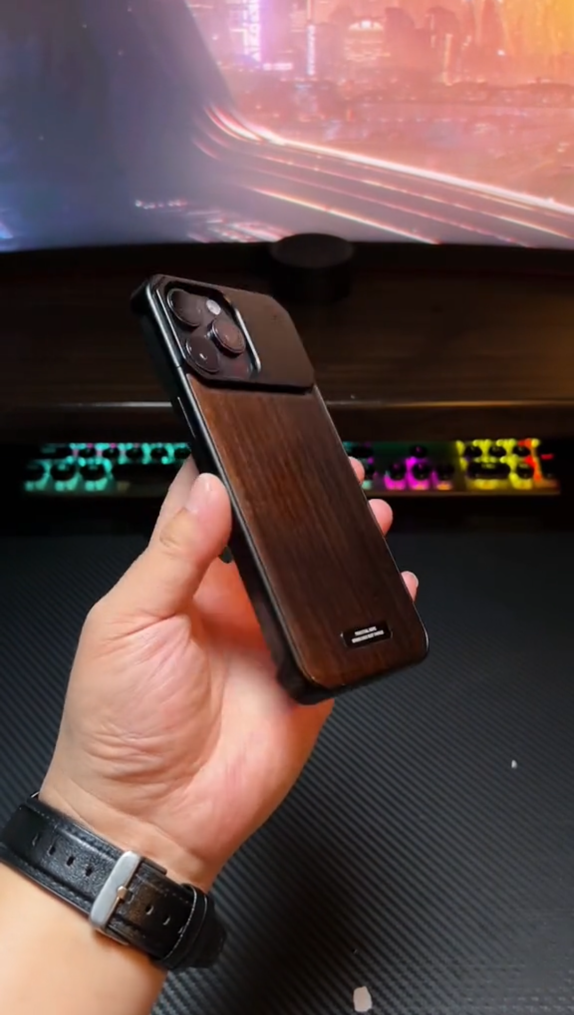Protective Apple iPhone Back Cover - Super Slim Metal Frame Less Perfume Walnut Wood Case with Magsafe for iPhone 16 Pro (Black) - Style 2