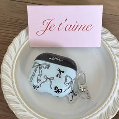 Trendy Blue Black Bow Airpod Glossy Case With Hanging