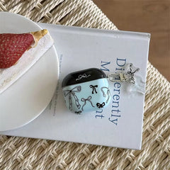 Trendy Blue Black Bow Airpod Glossy Case With Hanging