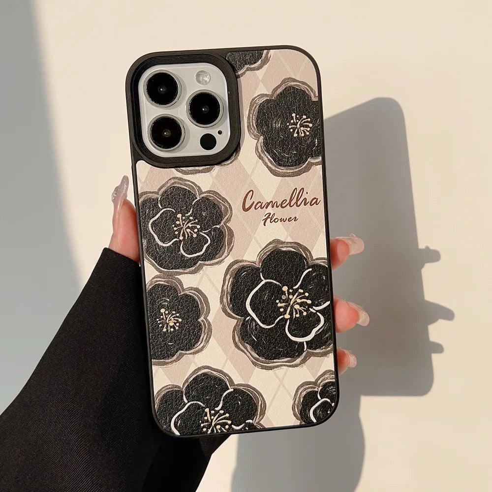 Protective Apple iPhone Back Cover - Retro Flower Floral PU Leather iPhone Soft Silicone Case