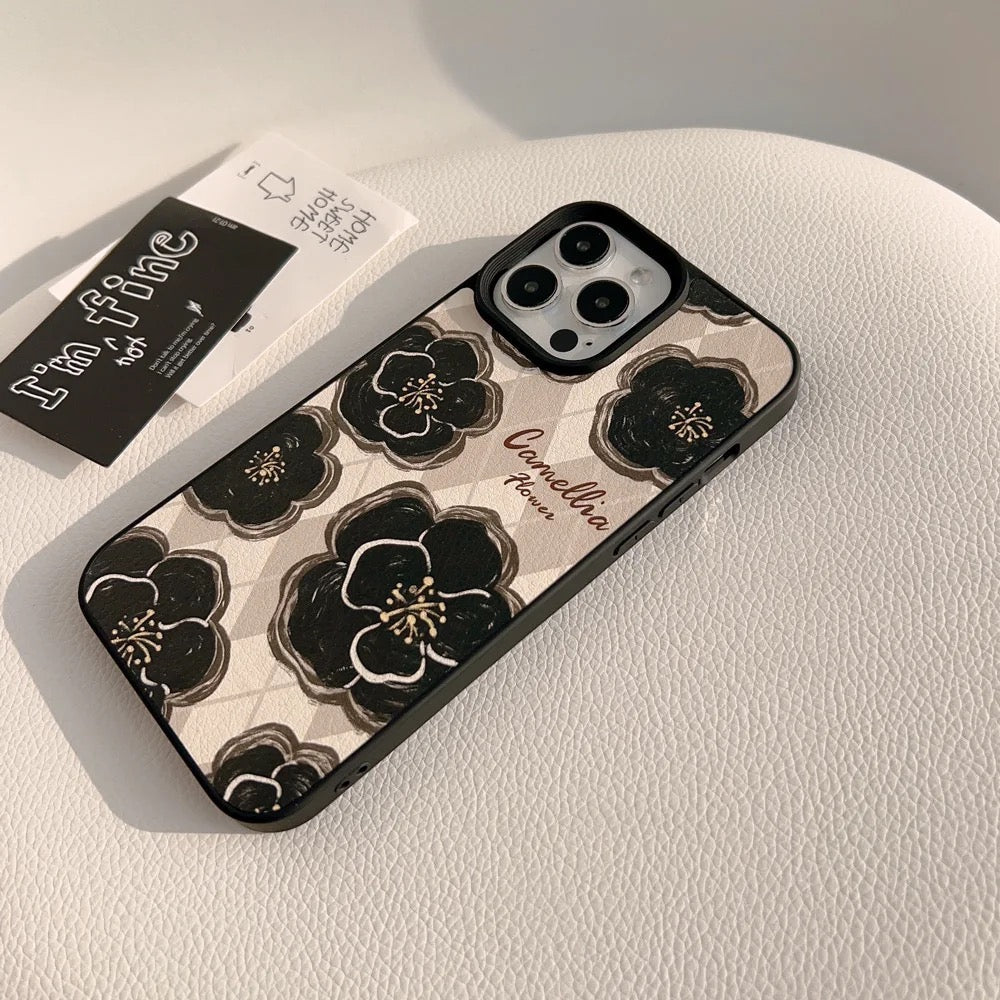 Protective Apple iPhone Back Cover - Retro Flower Floral PU Leather iPhone Soft Silicone Case - Style 4