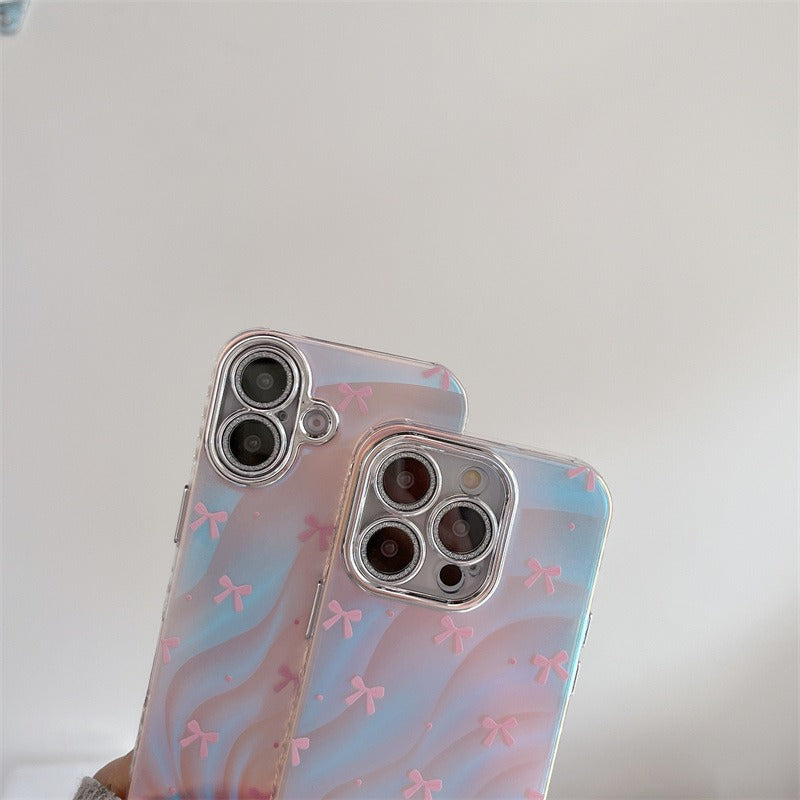 Protective Apple iPhone Back Cover - Silver Blue Ray Pink Bow Bumper Camera Protection iPhone Case With Bow Lanyard - Style 5