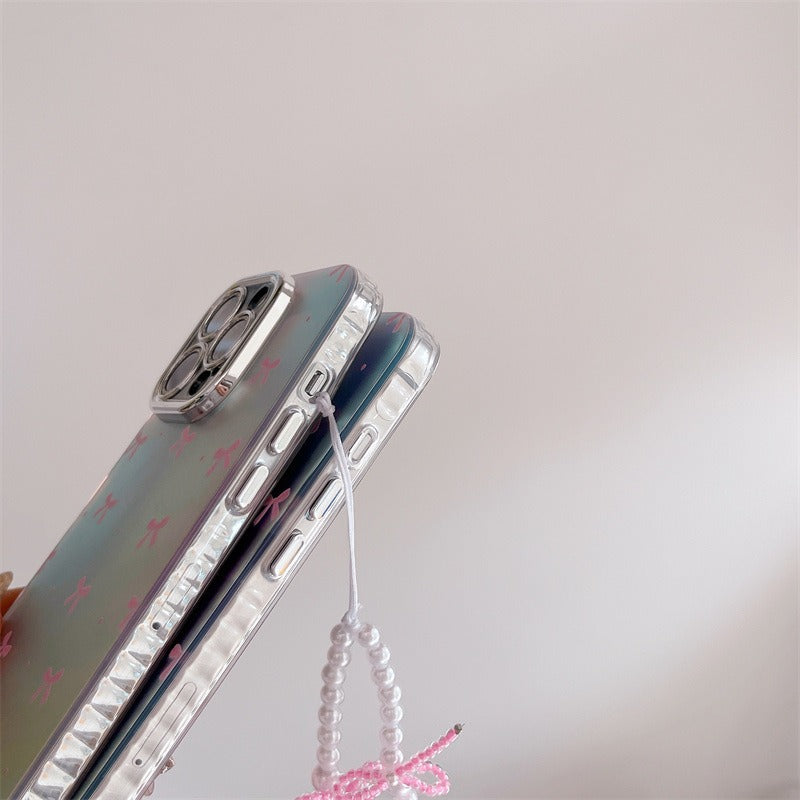 Protective Apple iPhone Back Cover - Silver Blue Ray Pink Bow Bumper Camera Protection iPhone Case With Bow Lanyard - Style 7