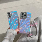 Protective Apple iPhone Back Cover - Silver Blue Ray Pink Bow Bumper Camera Protection iPhone Case With Bow Lanyard