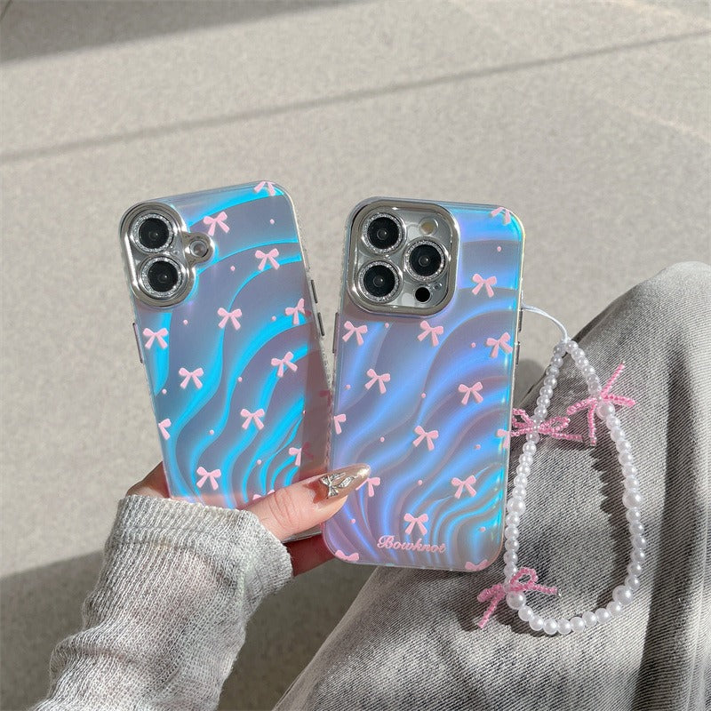 Protective Apple iPhone Back Cover - Silver Blue Ray Pink Bow Bumper Camera Protection iPhone Case With Bow Lanyard