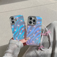 Silver Blue Ray Pink Bow Bumper Camera Protection iPhone Case With Bow Lanyard