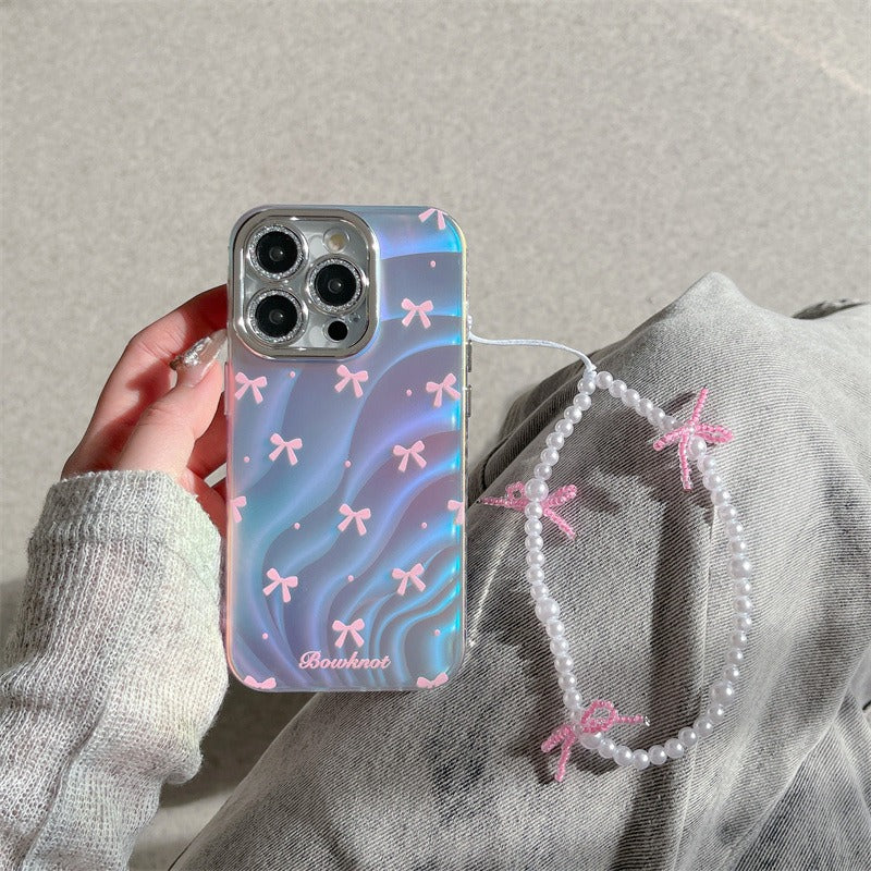 Protective Apple iPhone Back Cover - Silver Blue Ray Pink Bow Bumper Camera Protection iPhone Case With Bow Lanyard - Style 2