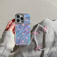 Silver Blue Ray Pink Bow Bumper Camera Protection iPhone Case With Bow Lanyard