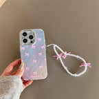 Protective Apple iPhone Back Cover - Silver Blue Ray Pink Bow Bumper Camera Protection iPhone Case With Bow Lanyard - Style 4