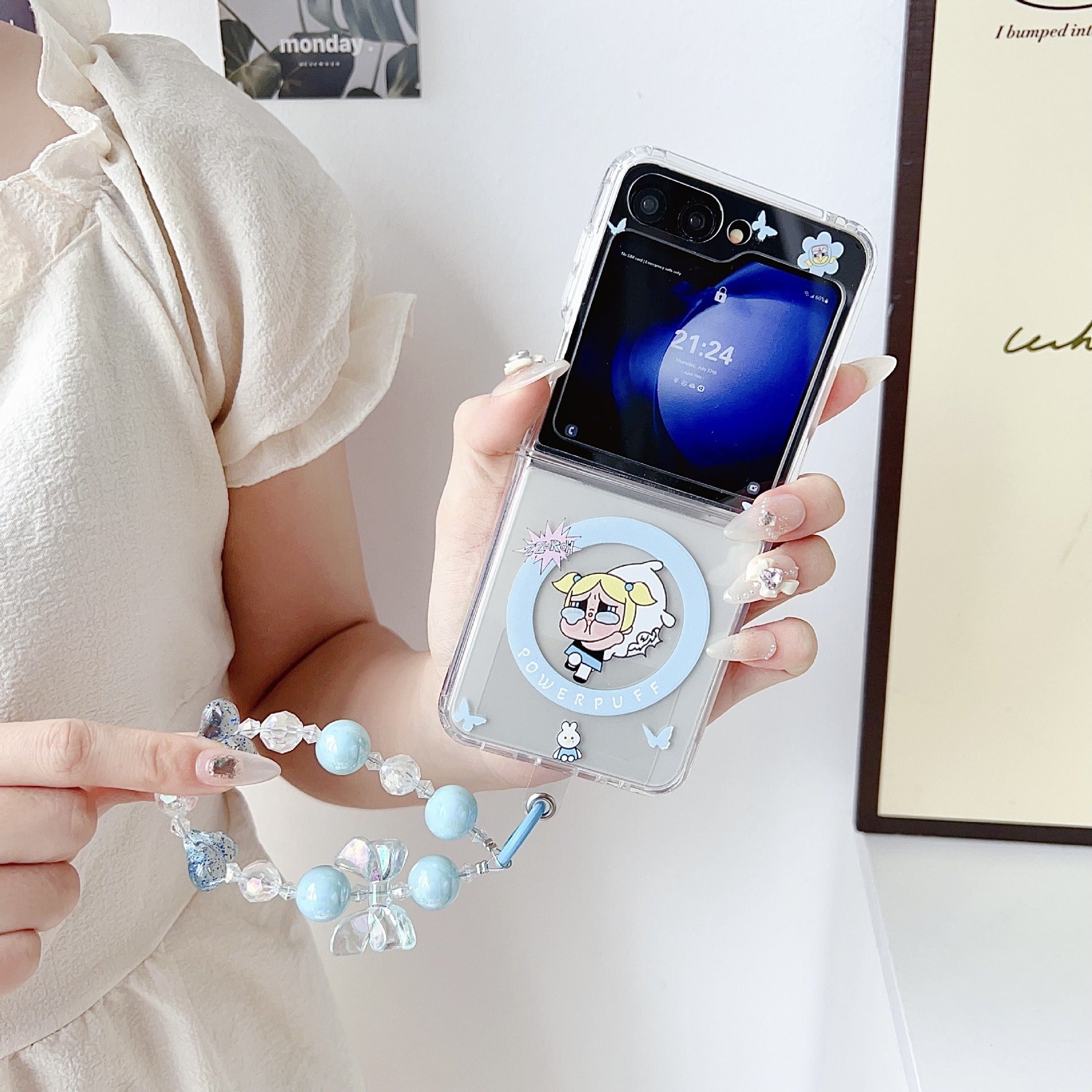 Powerpuff Girls Magsafe Transparent Samsung Z Flip Case With Round Bracelet Lanyard Mobile Case by CoverMeUp - Style 3