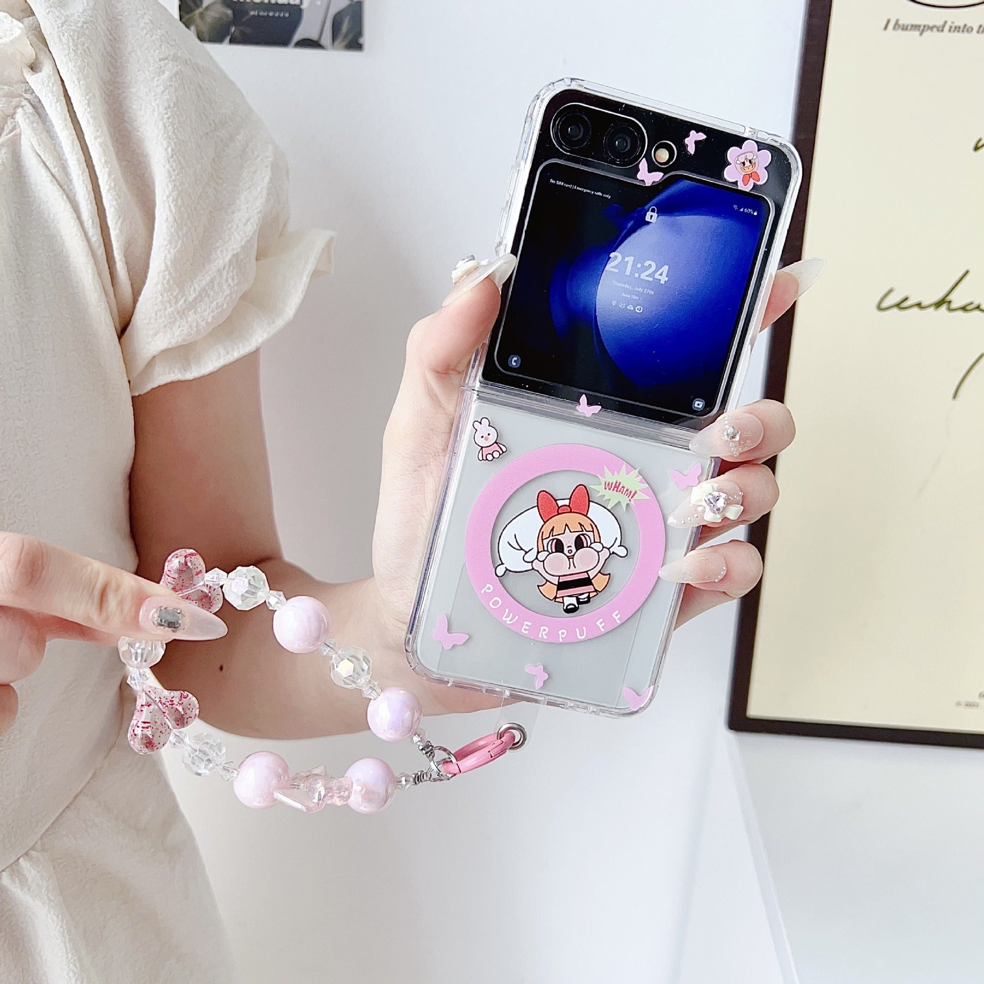 Powerpuff Girls Magsafe Transparent Samsung Z Flip Case With Round Bracelet Lanyard Mobile Case by CoverMeUp - Style 4