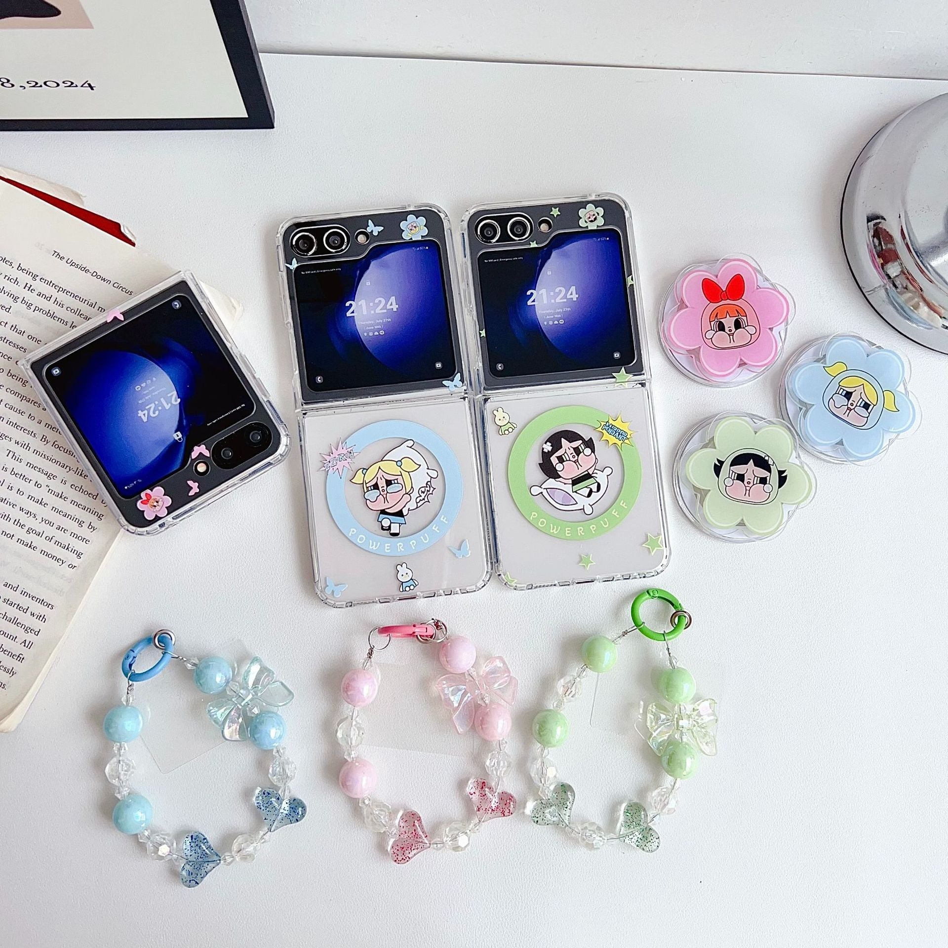 Powerpuff Girls Magsafe Transparent Samsung Z Flip Case With Round Bracelet Lanyard Mobile Case by CoverMeUp - Style 5
