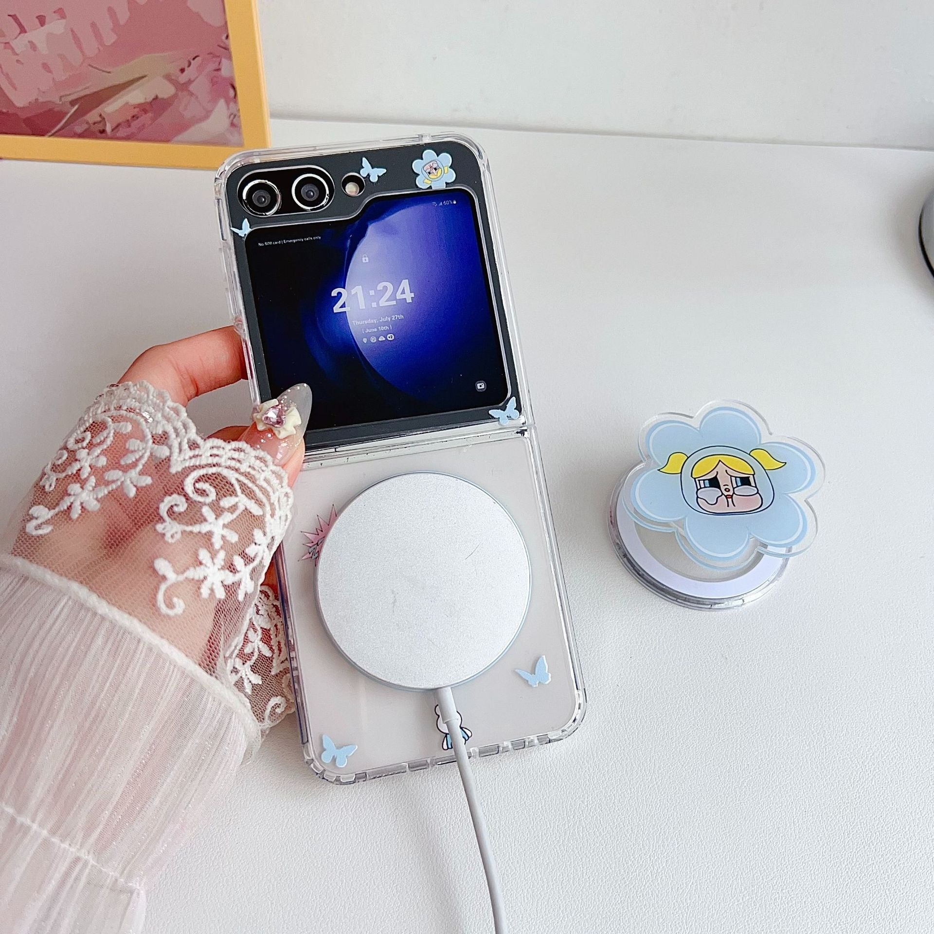 Powerpuff Girls Magsafe Transparent Samsung Z Flip Case With Round Bracelet Lanyard Mobile Case by CoverMeUp - Style 6