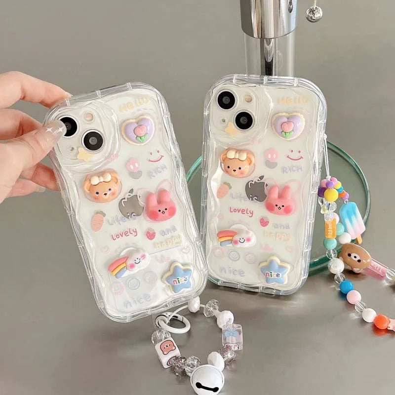 Protective Apple iPhone Back Cover - 3D Cute Cartoon Transparent Clear iPhone Bracelet Lanyard Case - Style 4