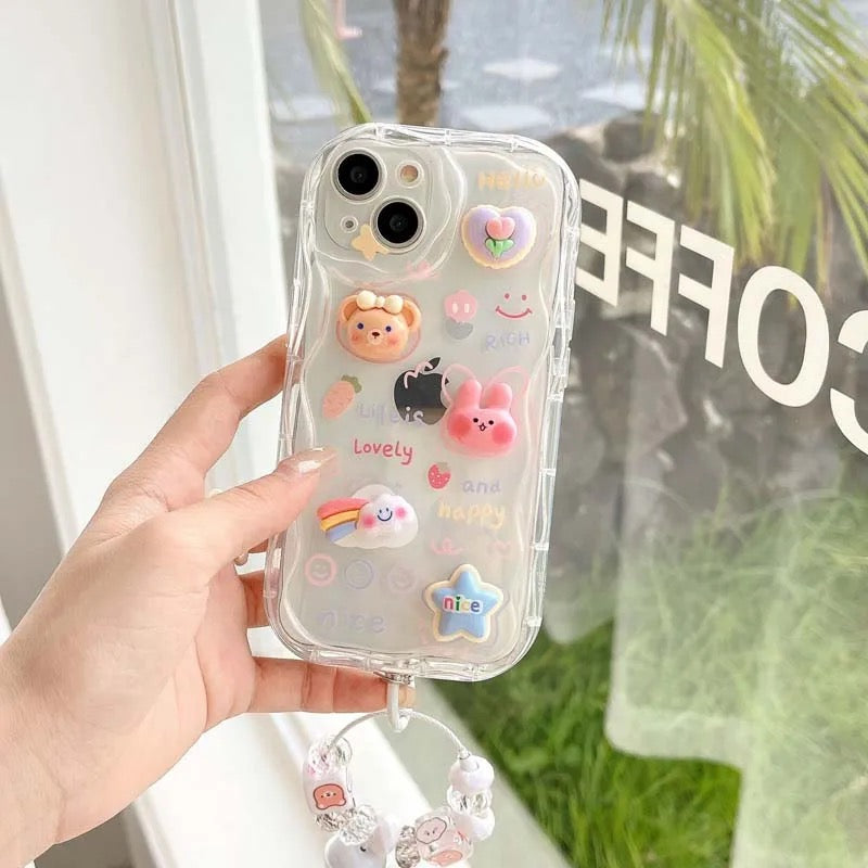 Protective Apple iPhone Back Cover - 3D Cute Cartoon Transparent Clear iPhone Bracelet Lanyard Case - Style 3