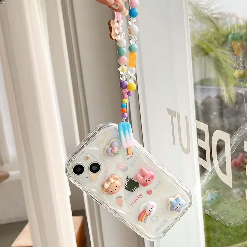 Protective Apple iPhone Back Cover - 3D Cute Cartoon Transparent Clear iPhone Bracelet Lanyard Case - Style 6