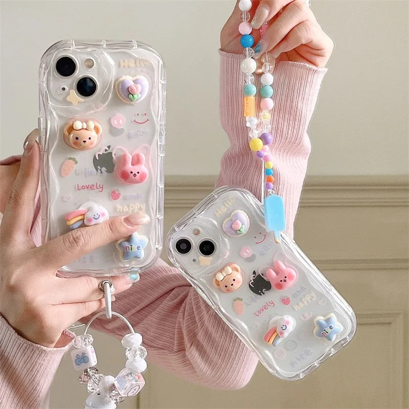 Protective Apple iPhone Back Cover - 3D Cute Cartoon Transparent Clear iPhone Bracelet Lanyard Case