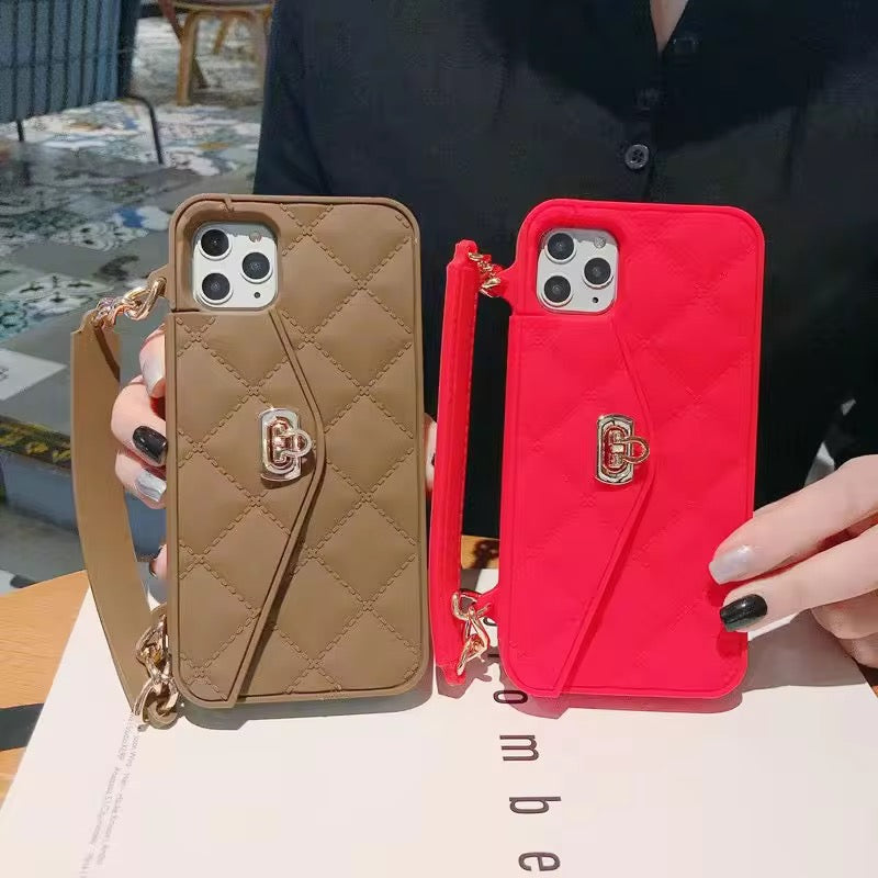 Protective Apple iPhone Back Cover - Luxury Rubber Wallet iPhone Soft Silicone Case With Pearl Chain Crossbody - Style 2