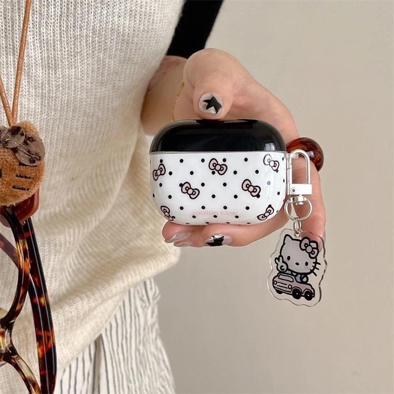 Black White Pink Bow Hello Kitty Airpod Glossy Case With Hanging Mobile Case by CoverMeUp
