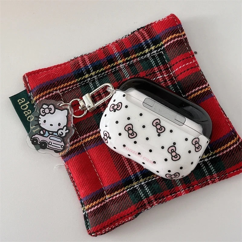 Black White Pink Bow Hello Kitty Airpod Glossy Case With Hanging