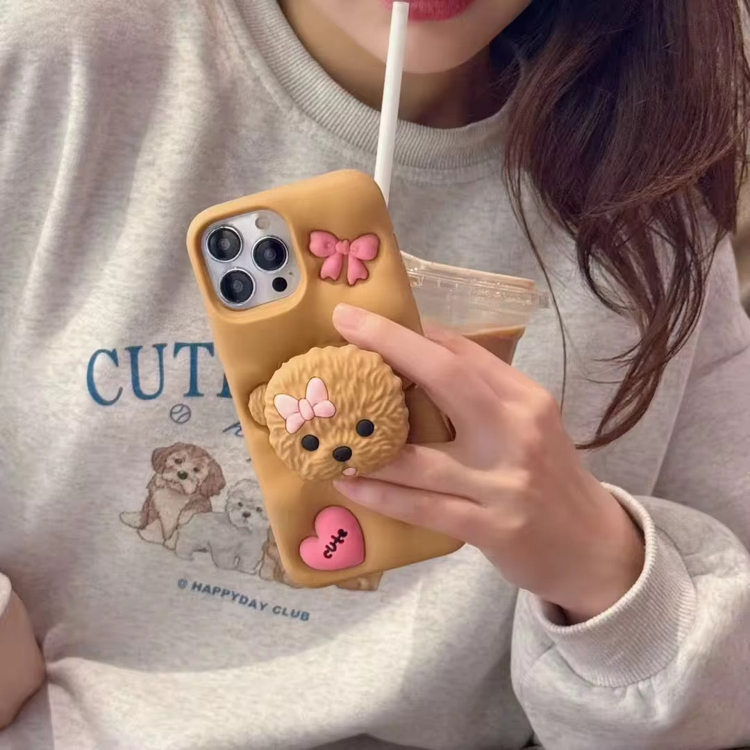 Protective Apple iPhone Back Cover - 3D Cute Cartoon Teddy Dog Phone Holder Trending Shockproof Rubber Silicone iPhone Case - Style 2
