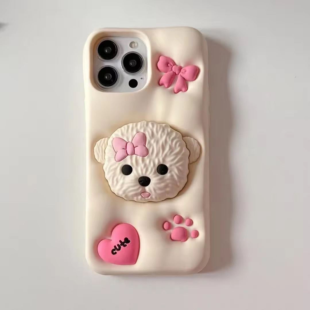 Protective Apple iPhone Back Cover - 3D Cute Cartoon Teddy Dog Phone Holder Trending Shockproof Rubber Silicone iPhone Case - Style 5