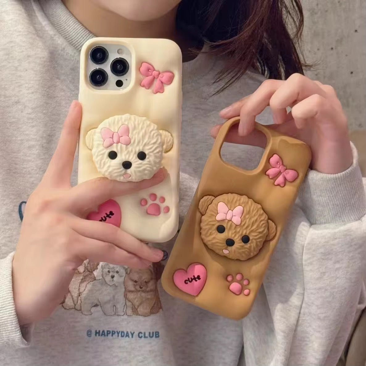 Protective Apple iPhone Back Cover - 3D Cute Cartoon Teddy Dog Phone Holder Trending Shockproof Rubber Silicone iPhone Case