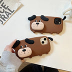 Protective Apple iPhone Back Cover - 3D Cute Standing Brown Dog Phone Holder Trending Shockproof Rubber Silicone iPhone Case