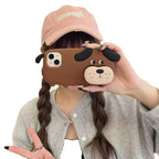 Protective Apple iPhone Back Cover - 3D Cute Standing Brown Dog Phone Holder Trending Shockproof Rubber Silicone iPhone Case - Style 7